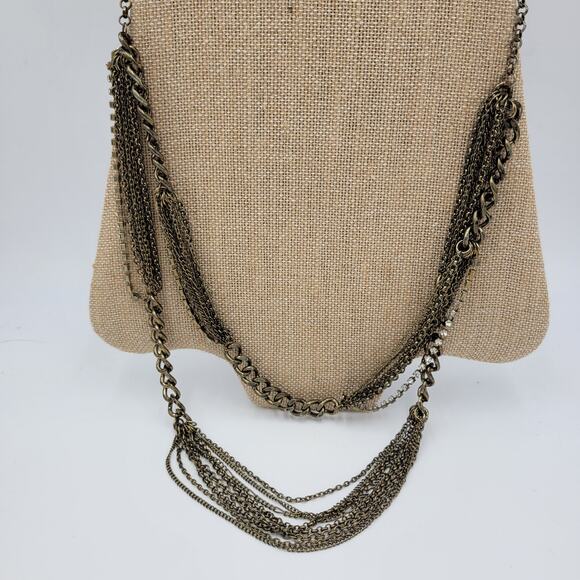 Vtg Layered Chain Necklace 28" Gold Tone Beaded Rhinestone Accent Rustic Rocker - Picture 2 of 12